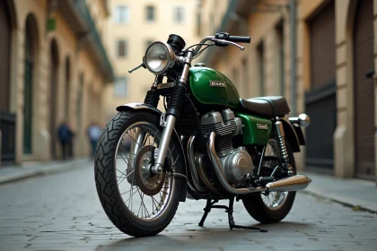 Kawasaki KZ400 vintage des années 70 garé sur des pavés dans un quartier historique européen, vue trois quarts avant mettant en valeur le phare rond et les jantes à rayons