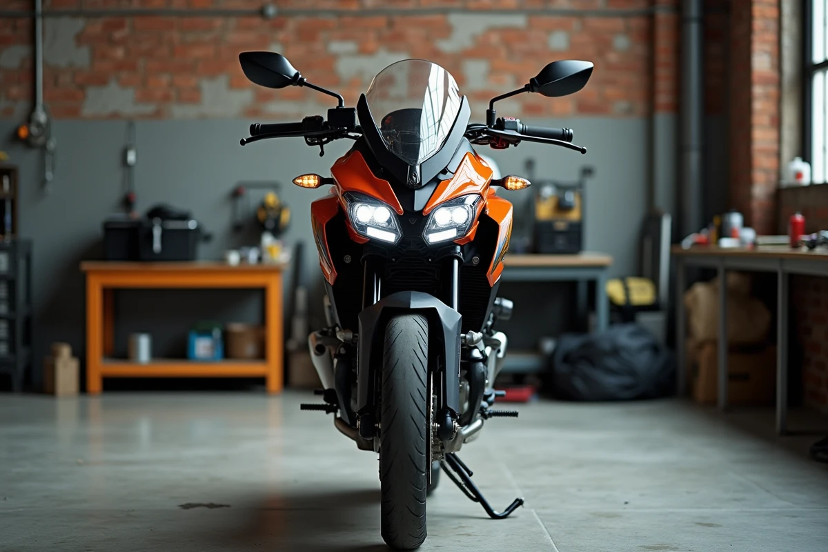Kawasaki Z400 moderne en orange et noir garé dans un garage urbain industriel avec sol en béton et murs en briques, vue trois quarts arrière mettant en valeur le design contemporain