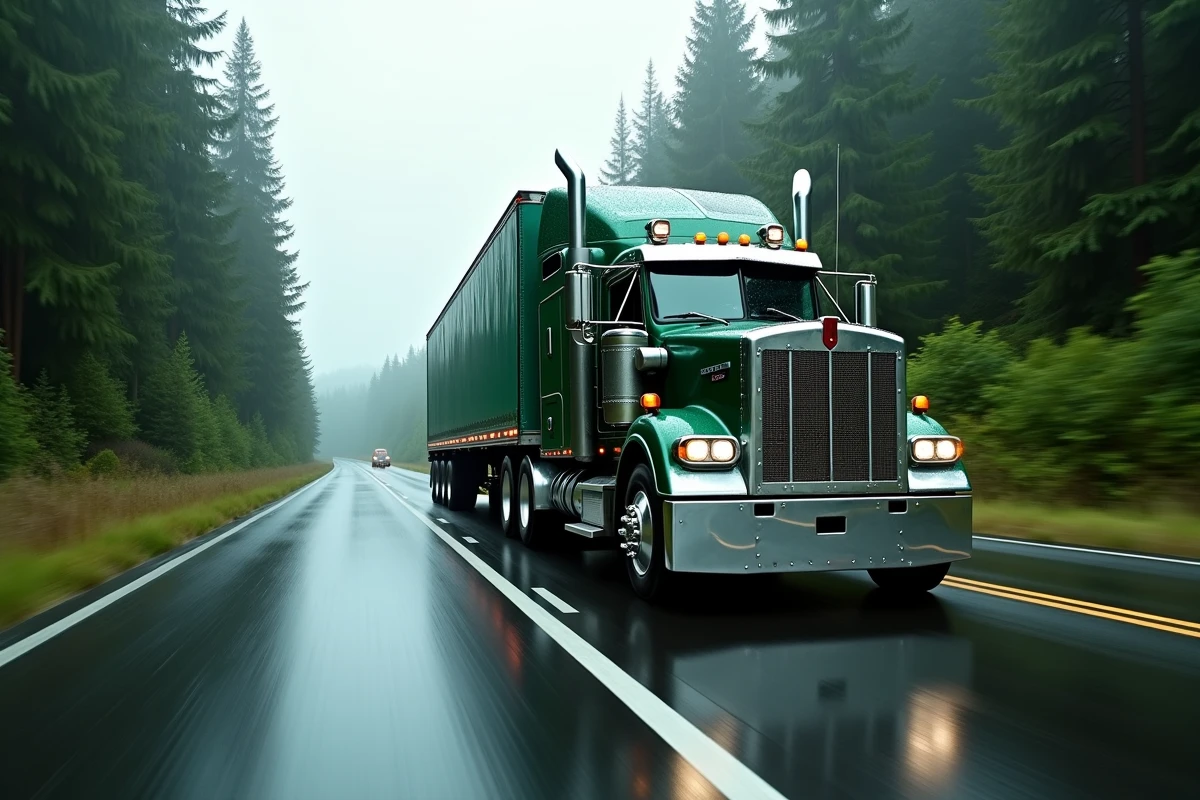 Kenworth W900A en mouvement sur une autoroute pluvieuse du Pacifique Nord-Ouest, reflets chromés sous la pluie et forêt de conifères en arrière-plan