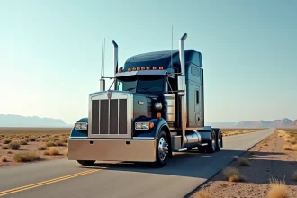 Kenworth W900A long-nez garé sur une aire d'autoroute américaine dans un paysage désertique de l'Ouest, vue trois quarts avant grand angle