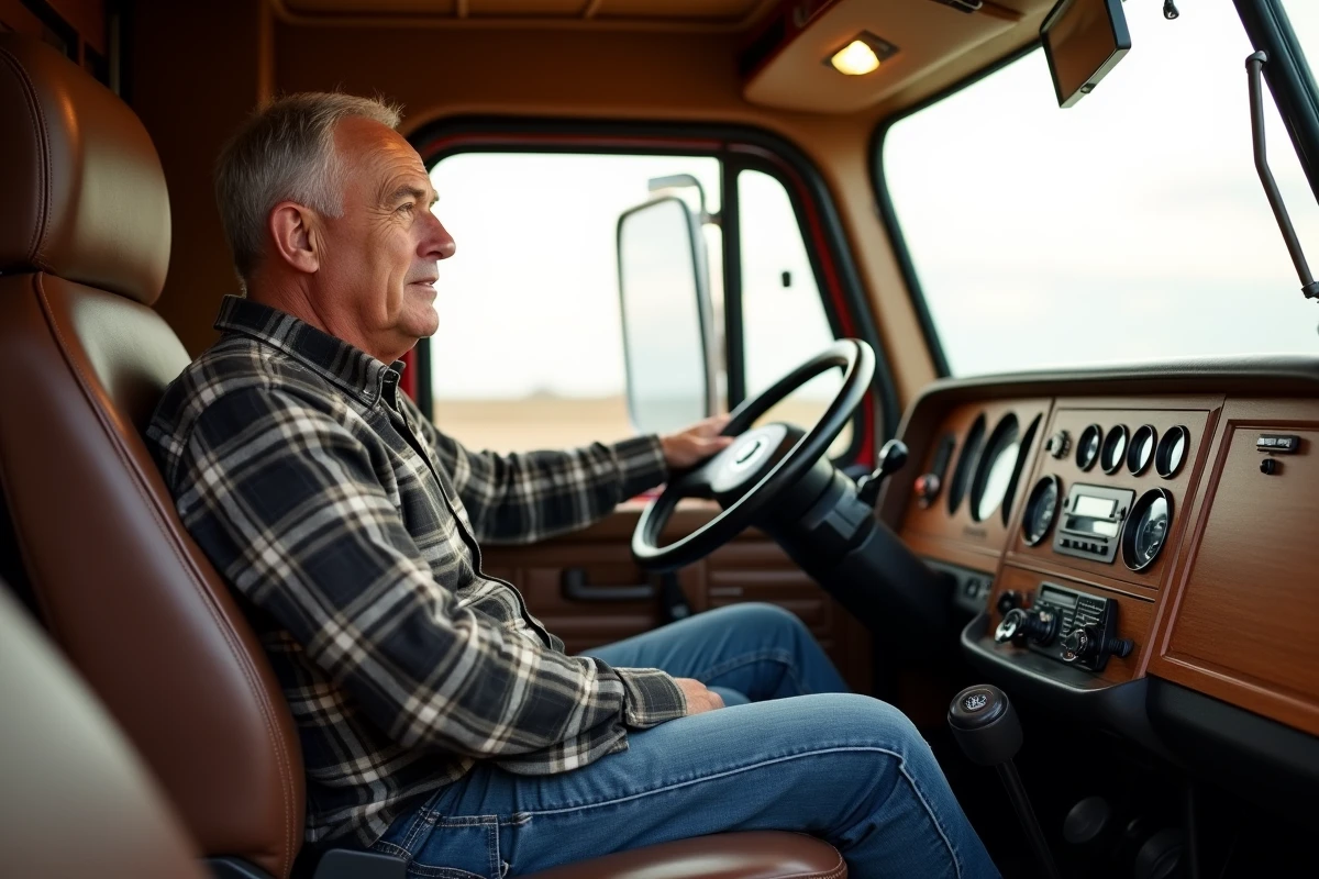 Intérieur confortable du Kenworth W900A avec siège en cuir capitonné, tableau de bord bois et métal, et conducteur expérimenté au volant