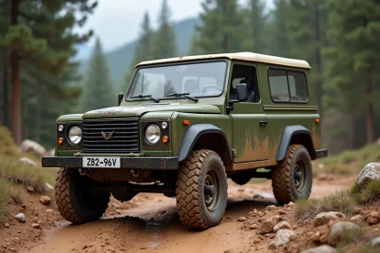 Lada Niva 4x4 garé sur un chemin de montagne en pleine nature, vue trois quarts avant