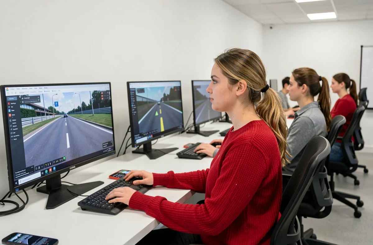 Élève de Le Mans Driver utilisant un simulateur de conduite dans une salle moderne à Le Mans