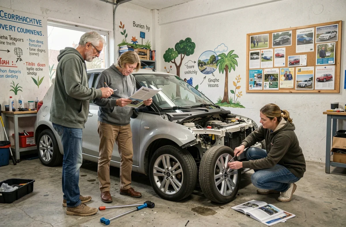 Membres d'un garage associatif collaborant sur l'entretien d'une petite voiture dans l'atelier participatif LES P.N.E.U.S à Pau