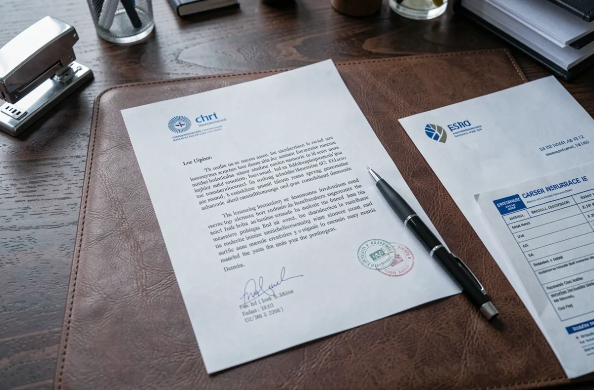 Lettre de résiliation d'assurance auto manuscrite avec enveloppe et document d'assurance sur un bureau