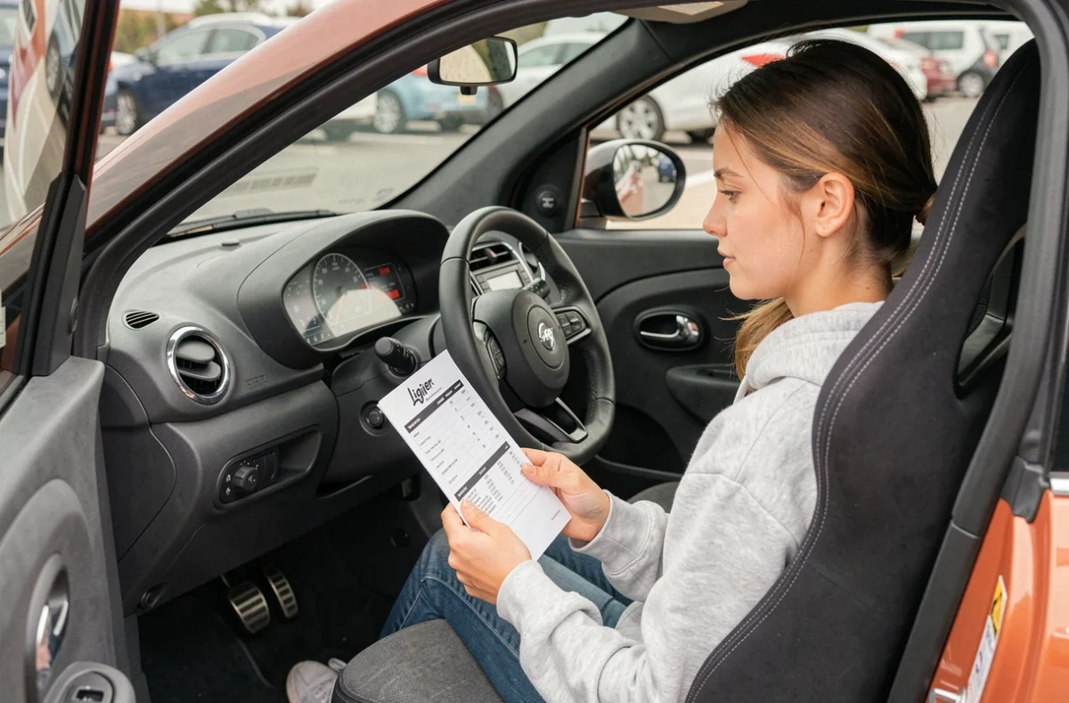 Intérieur d'une Ligier Sport avec tableau de bord et conductrice consultant une fiche de prix