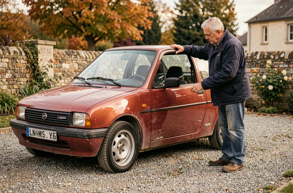 Homme inspectant une Ligier Sport d'occasion garée dans une allée résidentielle en France