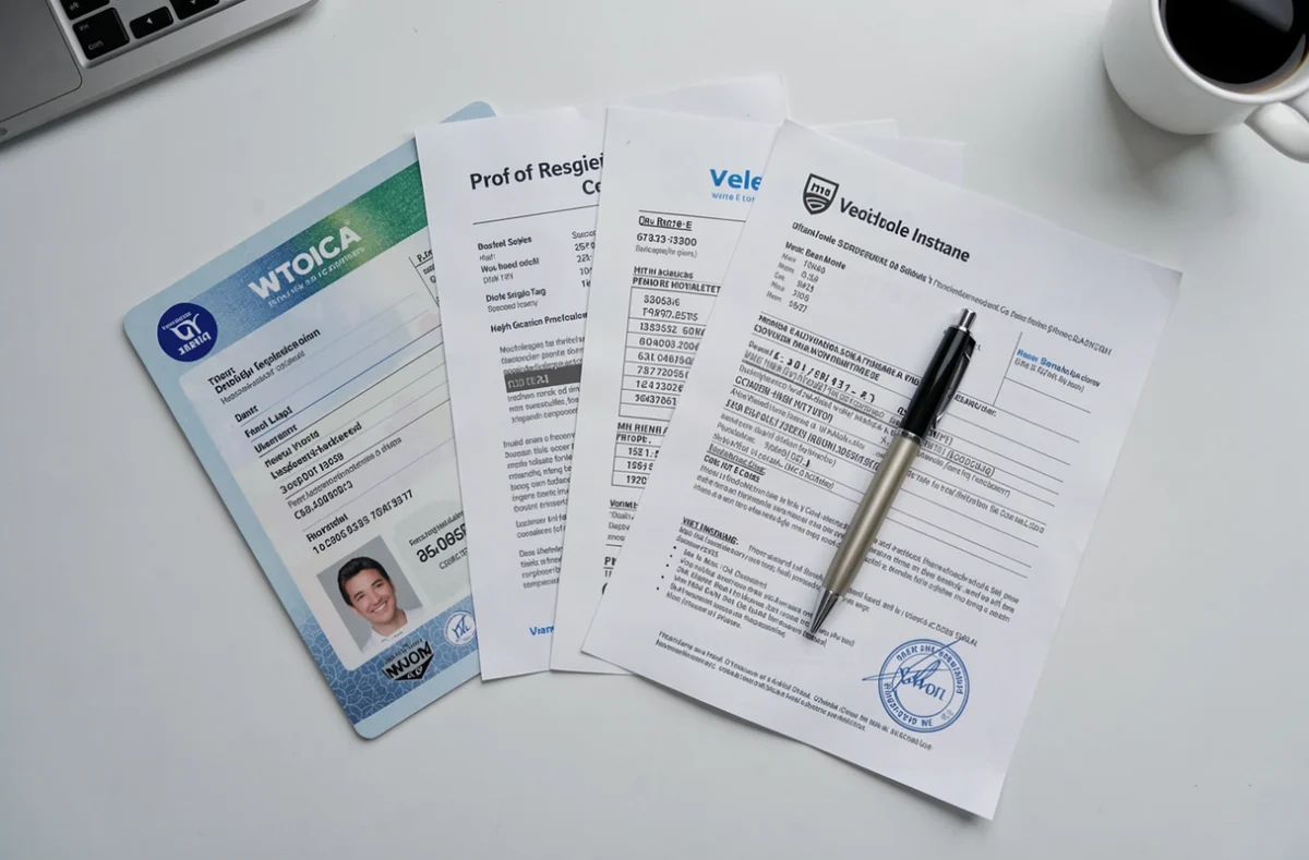 Vue de dessus des documents requis pour assurer une voiture : permis de conduire, carte grise et attestation d'assurance