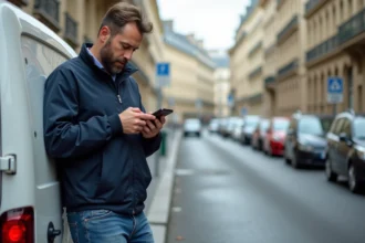 Livreur parisien vérifiant son téléphone dans la rue