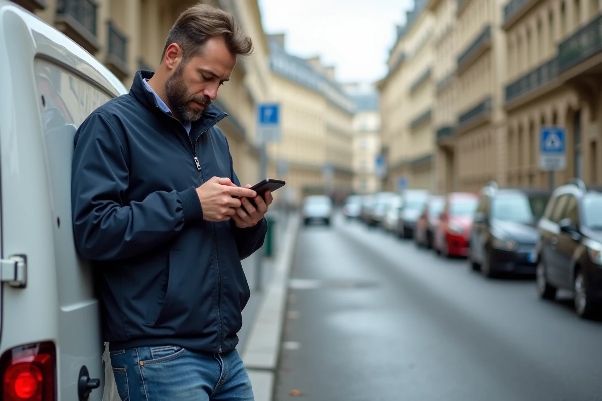 Livreur parisien vérifiant son téléphone dans la rue