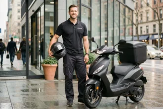 Livreur professionnel à côté d'un scooter d'entreprise en ville, illustrant l'assurance scooter pour les professionnels