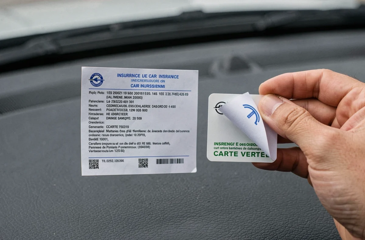 Vue rapprochée d'une main tenant une carte verte et une vignette d'assurance automobile à l'intérieur d'un habitacle de voiture