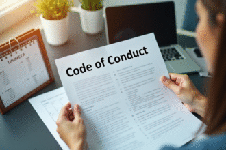 Gros plan de mains tenant un document code de conduite