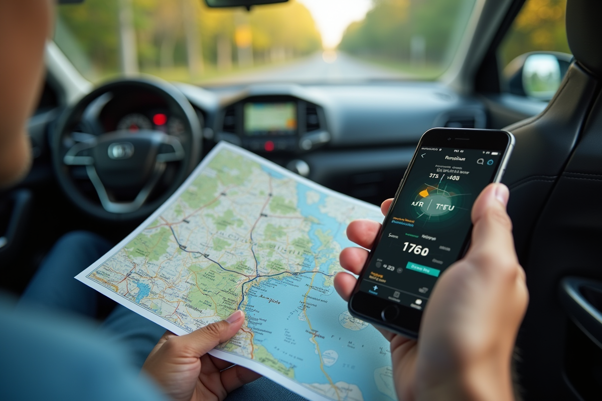 Main tenant une carte routière et un smartphone avec application de conversion miles en kilomètres