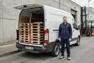 Professionnel de la logistique chargeant des palettes en bois dans un Citroën Jumper Master L2H2 blanc à quai de chargement industriel