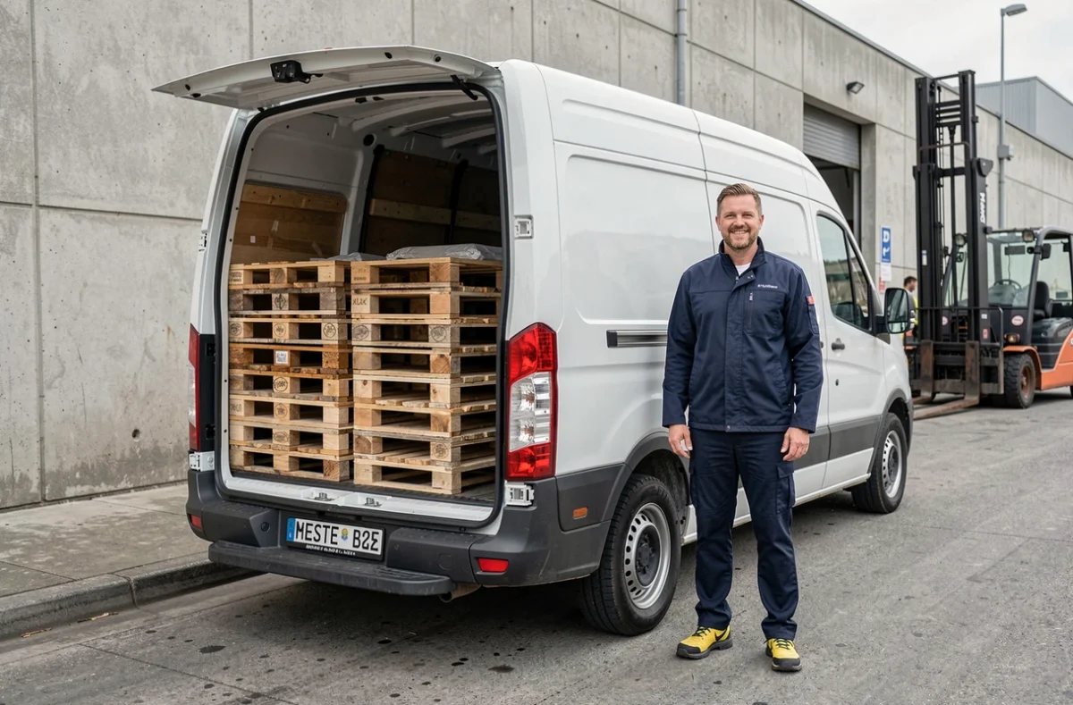 Professionnel de la logistique chargeant des palettes en bois dans un Citroën Jumper Master L2H2 blanc à quai de chargement industriel