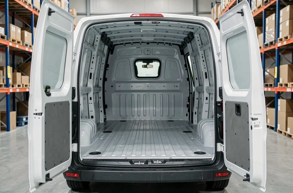 Intérieur vide du compartiment cargo d'un utilitaire L2H2 avec plancher métallique nervuré et hauteur de chargement généreuse dans un entrepôt moderne