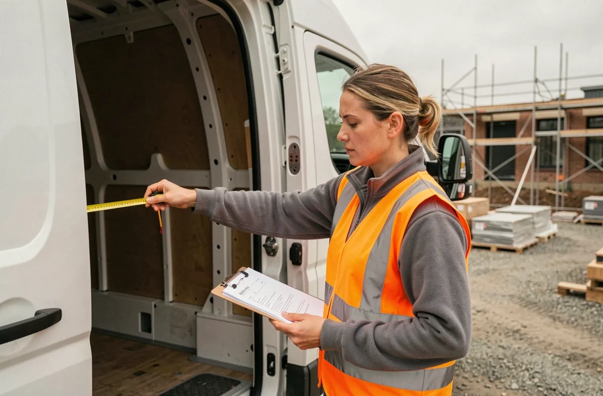 Coordinatrice logistique mesurant les dimensions intérieures d'un utilitaire Master L2H2 avec un mètre ruban sur un chantier de construction