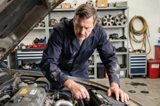 Mécanicien automobile professionnel inspectant le moteur d'une voiture dans un garage du Val-de-Marne