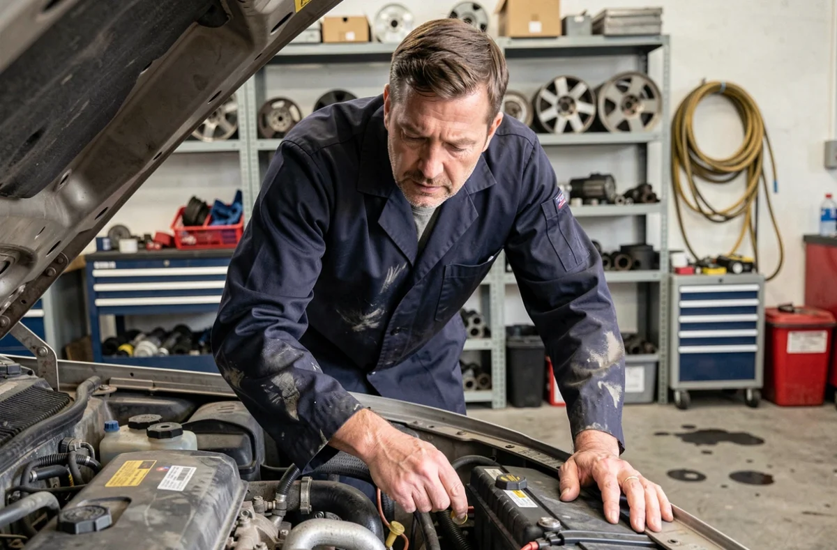 Mécanicien automobile professionnel inspectant le moteur d'une voiture dans un garage du Val-de-Marne