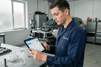 Jeune mécanicien auto consultant un logiciel de gestion de réparation sur tablette dans un atelier indépendant