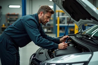 Mécanicien inspectant le moteur 1.5 dCi Renault dans un atelier automobile professionnel
