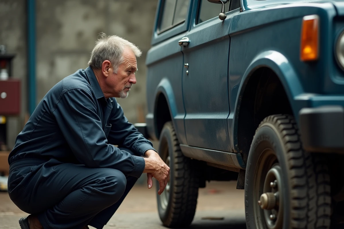 Mécanicien inspectant un Lada Niva 4x4 dans un garage rural, contexte entretien et budget