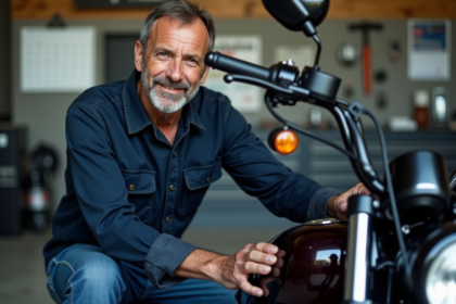 Mécanicien moto d'âge moyen nettoyant une moto de tourisme