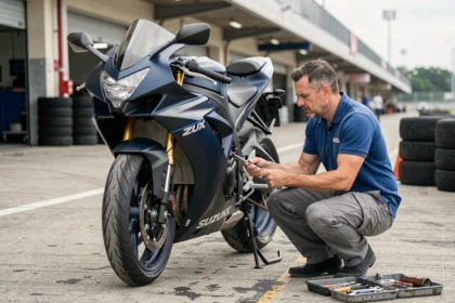 Mécanicien réglant la suspension d'une Suzuki GSXR dans les stands d'un circuit de course pour une préparation piste
