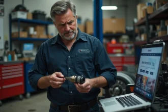 Mécanicien sceptique consultant un site de pièces auto en ligne dans un garage