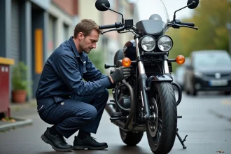 Mécanicien inspectant le disque de frein d'une moto