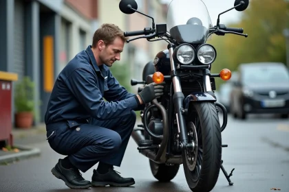 Mécanicien inspectant le disque de frein d'une moto