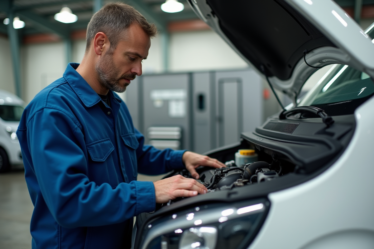Mécanicien homme inspectant le moteur d'une fourgonnette blanche en atelier