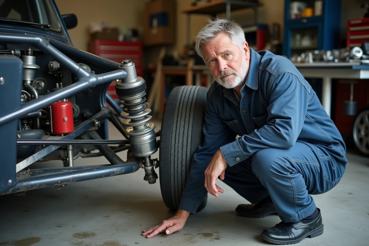 Mécanicien inspectant la suspension et la cage de sécurité d'une Peugeot 106 Maxi dans un atelier de préparation automobile