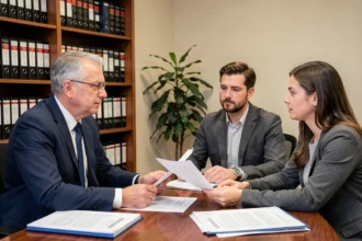Un médiateur en assurance discutant d'un dossier de litige avec deux clients autour d'un bureau professionnel