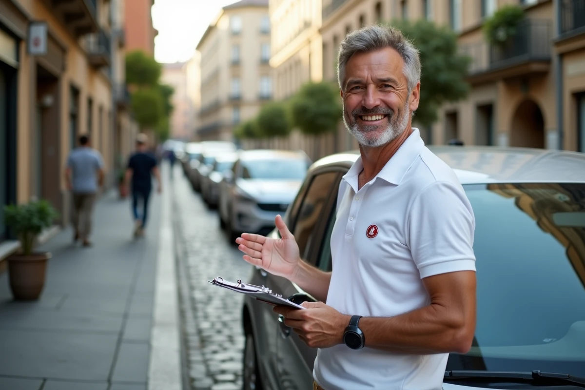 Moniteur d'auto-école devant une voiture à double commande en ville, illustrant l'enseignement de la conduite urbaine et les cours de code de la route