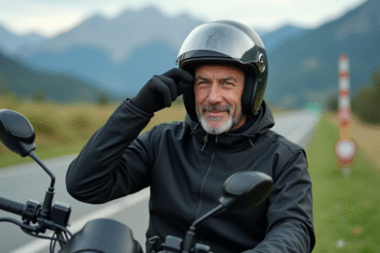 Motard homme ajustant sa cagoule sous son casque