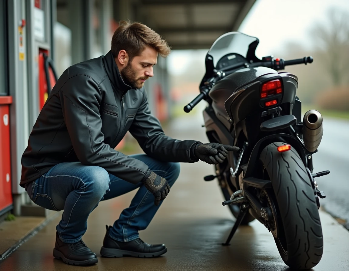 Motard examinant le réservoir de sa Yamaha R7 dans une station-service rurale, analyse de la consommation et de l'autonomie