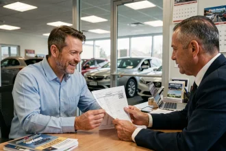 Un homme négocie le prix d'une voiture d'occasion avec un vendeur dans un bureau de concession automobile