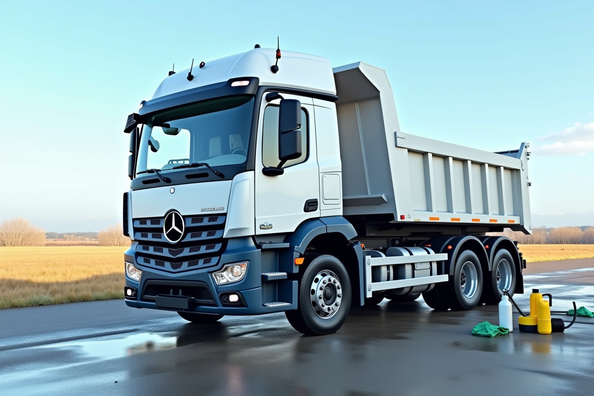 Camion benne blanc lave avec eau et produits de nettoyage dans un paysage rural ensoleille