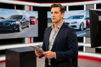 Nouveau présentateur de l'émission Turbo sur M6 dans un studio de télévision moderne avec des écrans LED automobiles en arrière-plan