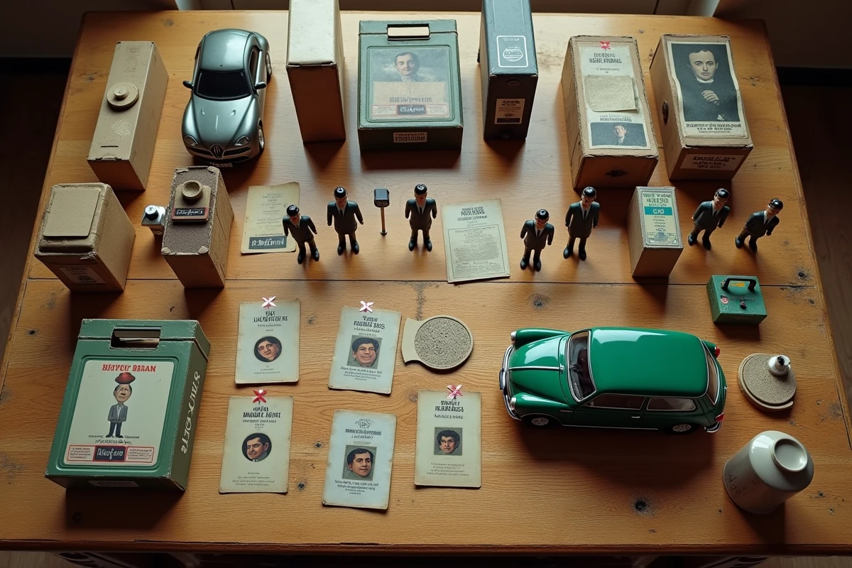 Vue à plat de différents objets de collection Mister Bean sur une table en chêne : figurines, voiture Mini Cooper miniature verte, cartes de collection et emballages d'origine avec étiquettes de prix