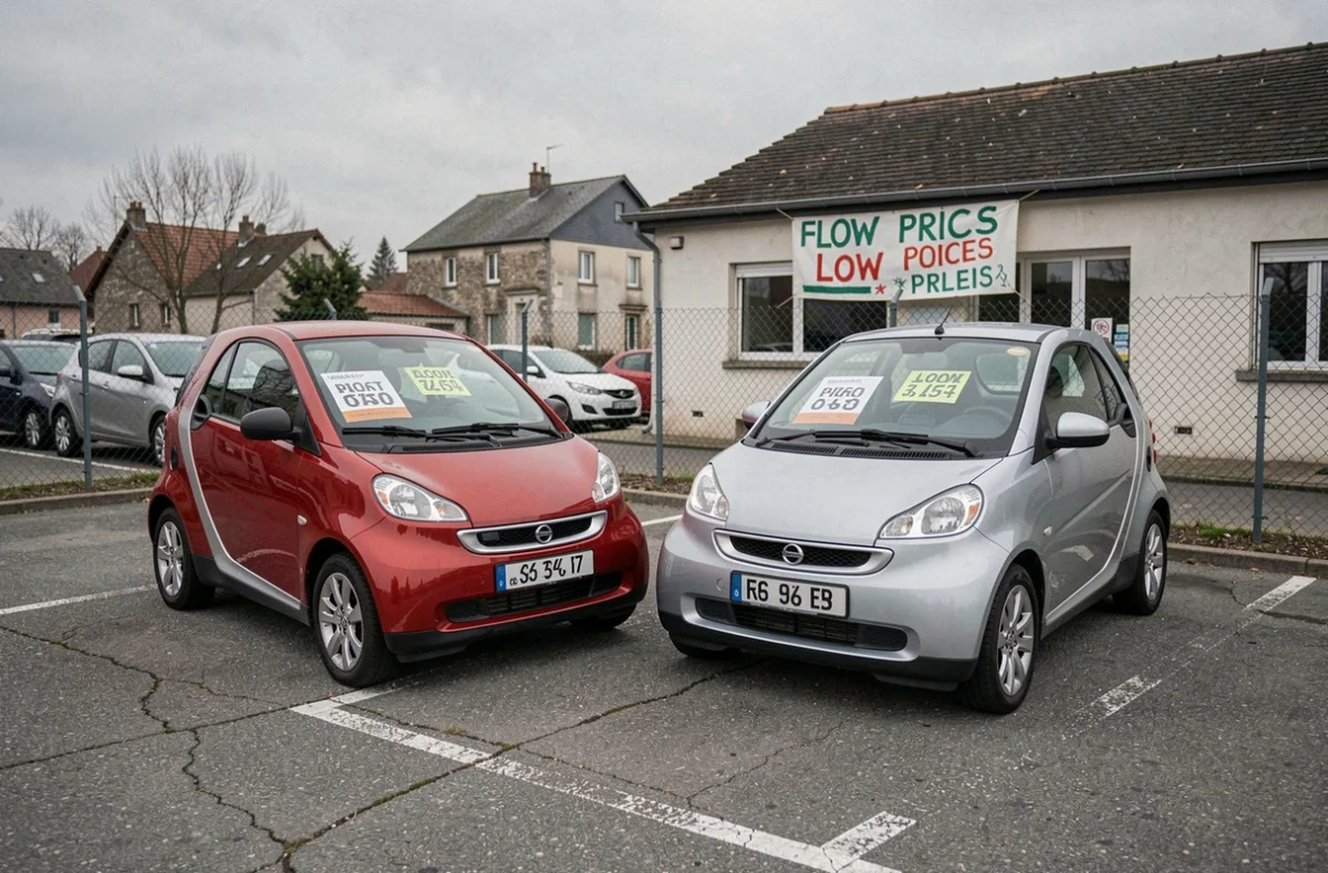 Deux voitures sans permis d'occasion exposées dans un parking de vente à Cholet avec des étiquettes de prix