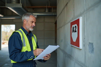 Ouvrier en tenue de chantier lisant un rapport de sécurité incendie