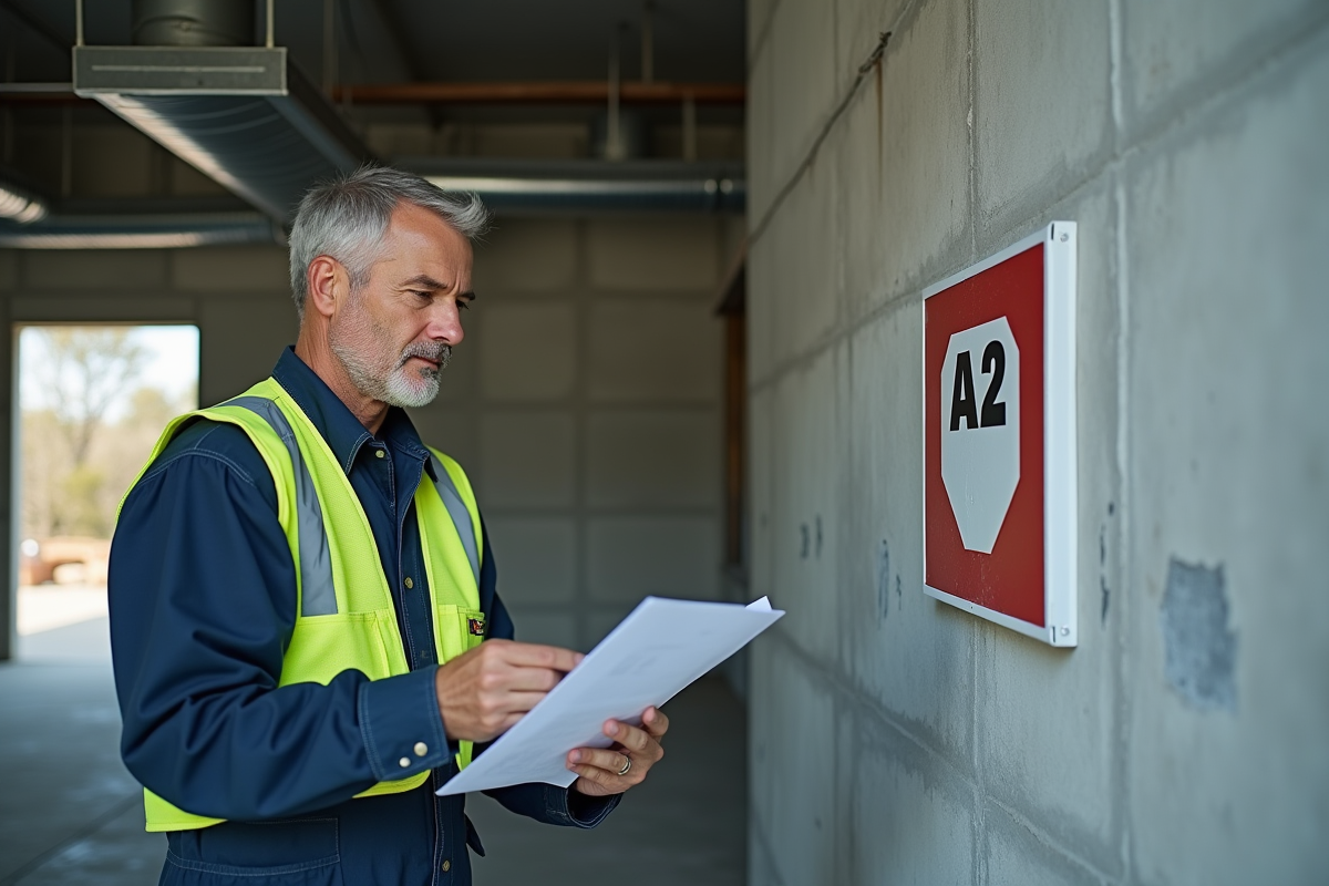 Ouvrier en tenue de chantier lisant un rapport de sécurité incendie