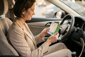 Femme tenant ses papiers d'assurance voiture dans l'habitacle de son véhicule