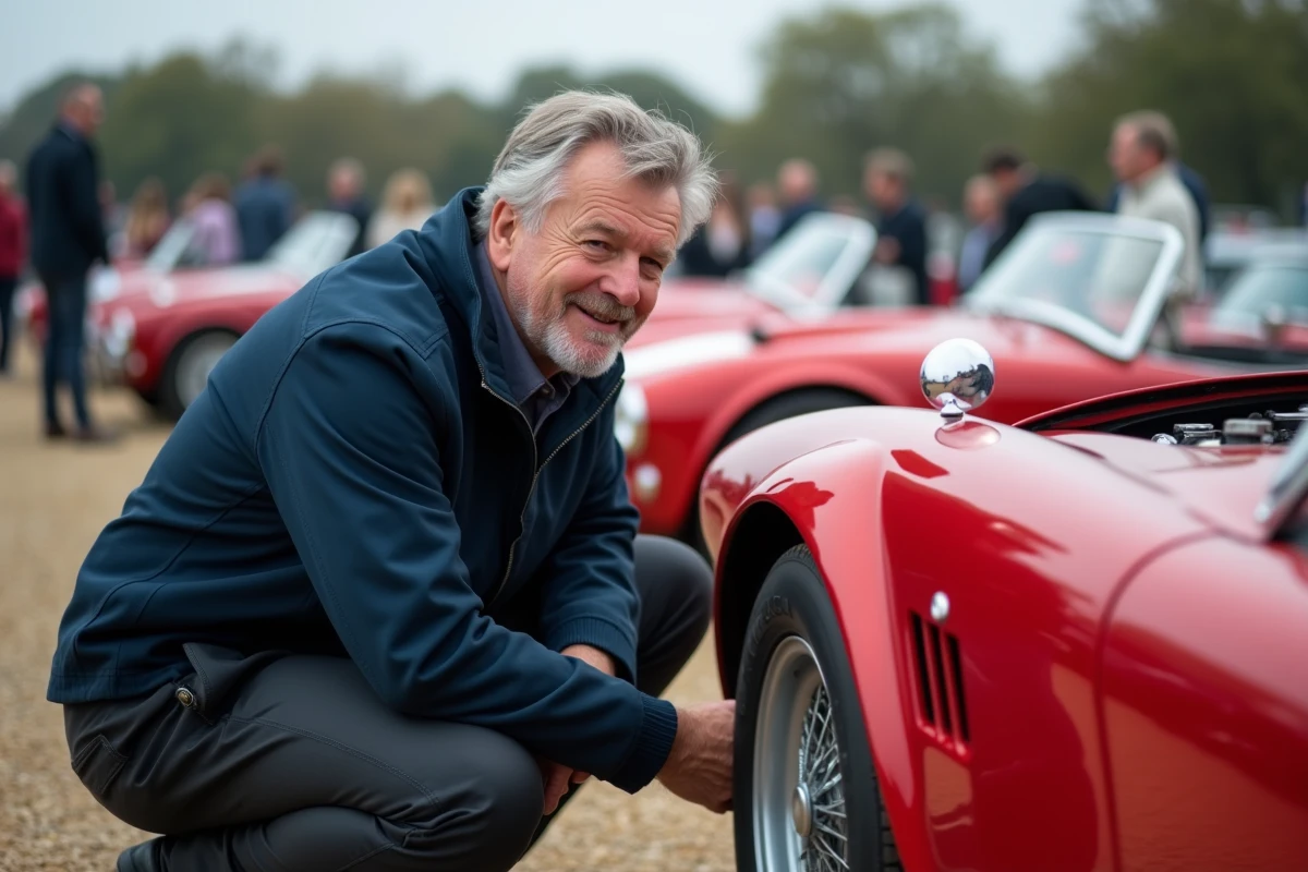 Passionné de voitures classiques inspectant le moteur d'une voiture de collection rouge lors d'un rassemblement automobile régional