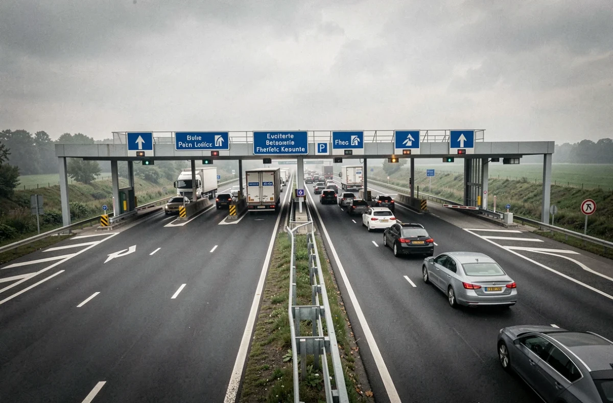 Péage d'autoroute française avec barrières et signalisation routière officielle