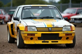 Peugeot 106 Maxi en livrée de compétition dans un parc assistance de rallye, montrant des traces d'usure authentiques sur la carrosserie