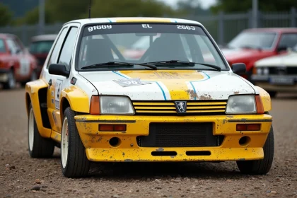 Peugeot 106 Maxi en livrée de compétition dans un parc assistance de rallye, montrant des traces d'usure authentiques sur la carrosserie